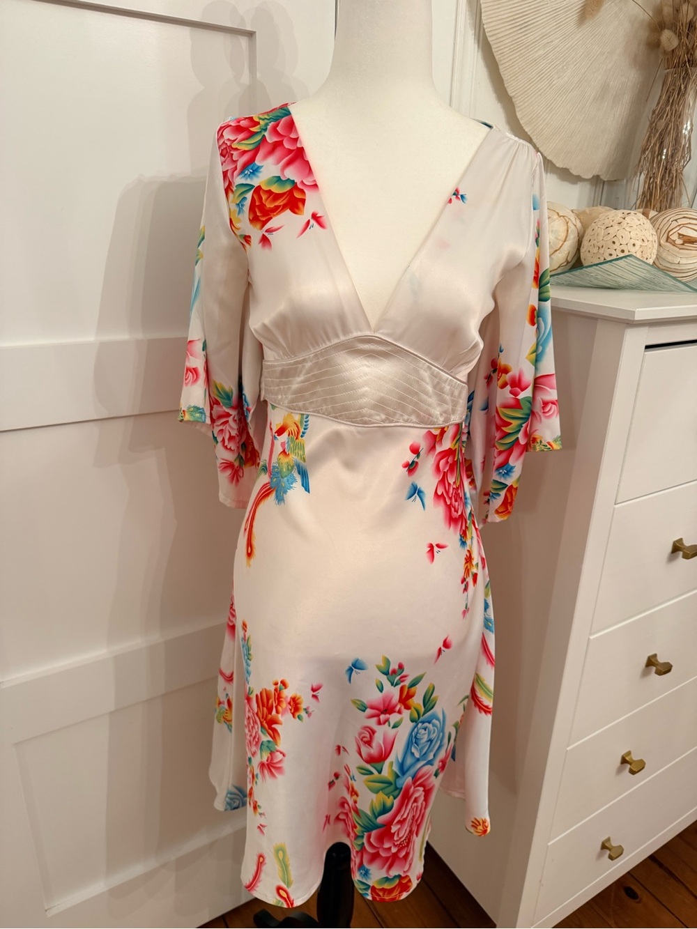 Floral V-Neck Satin Dress in Ivory with Multicolor Blooms